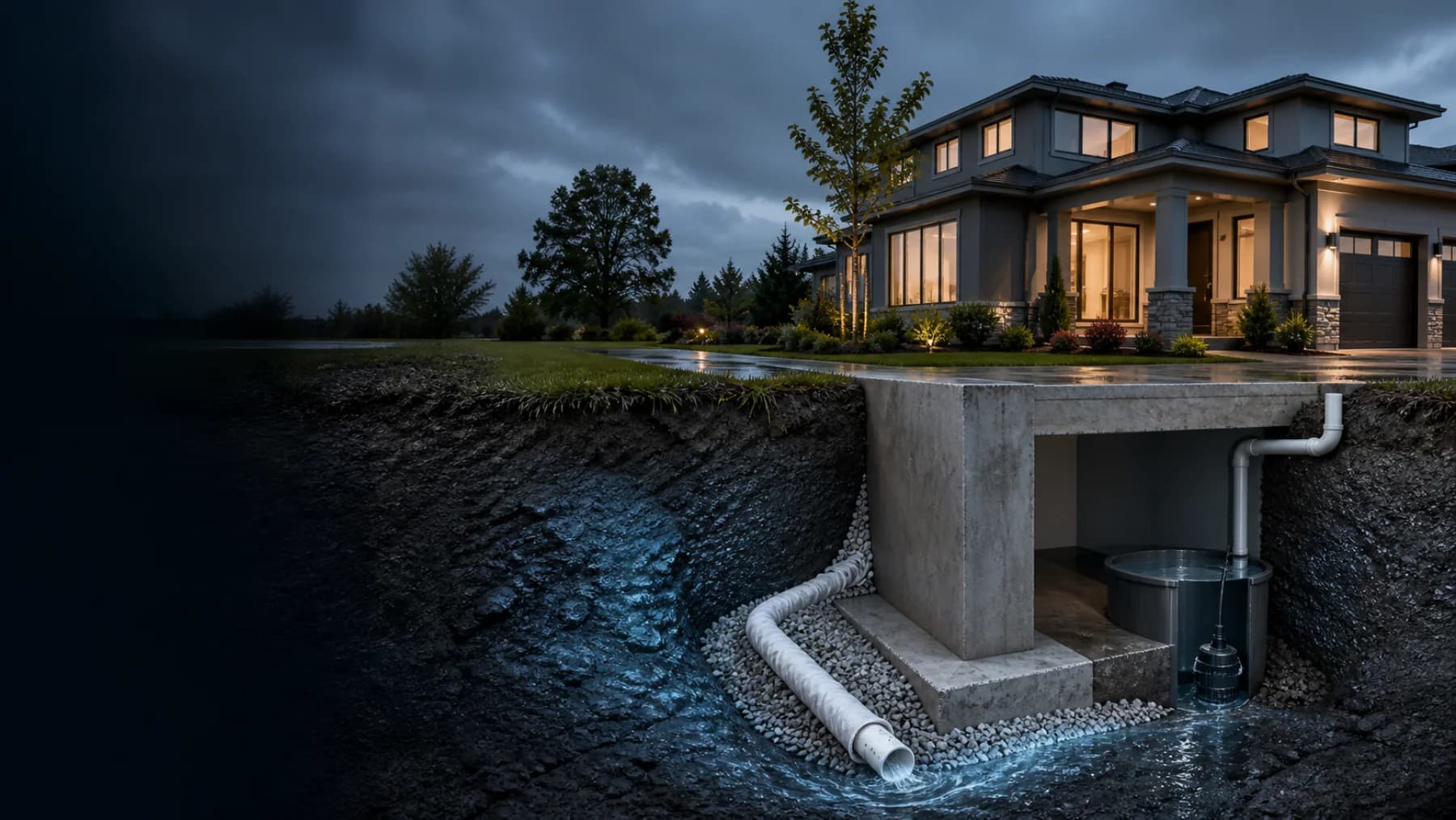Richmond home with a cutaway view of its perimeter drainage and foundation water-control system